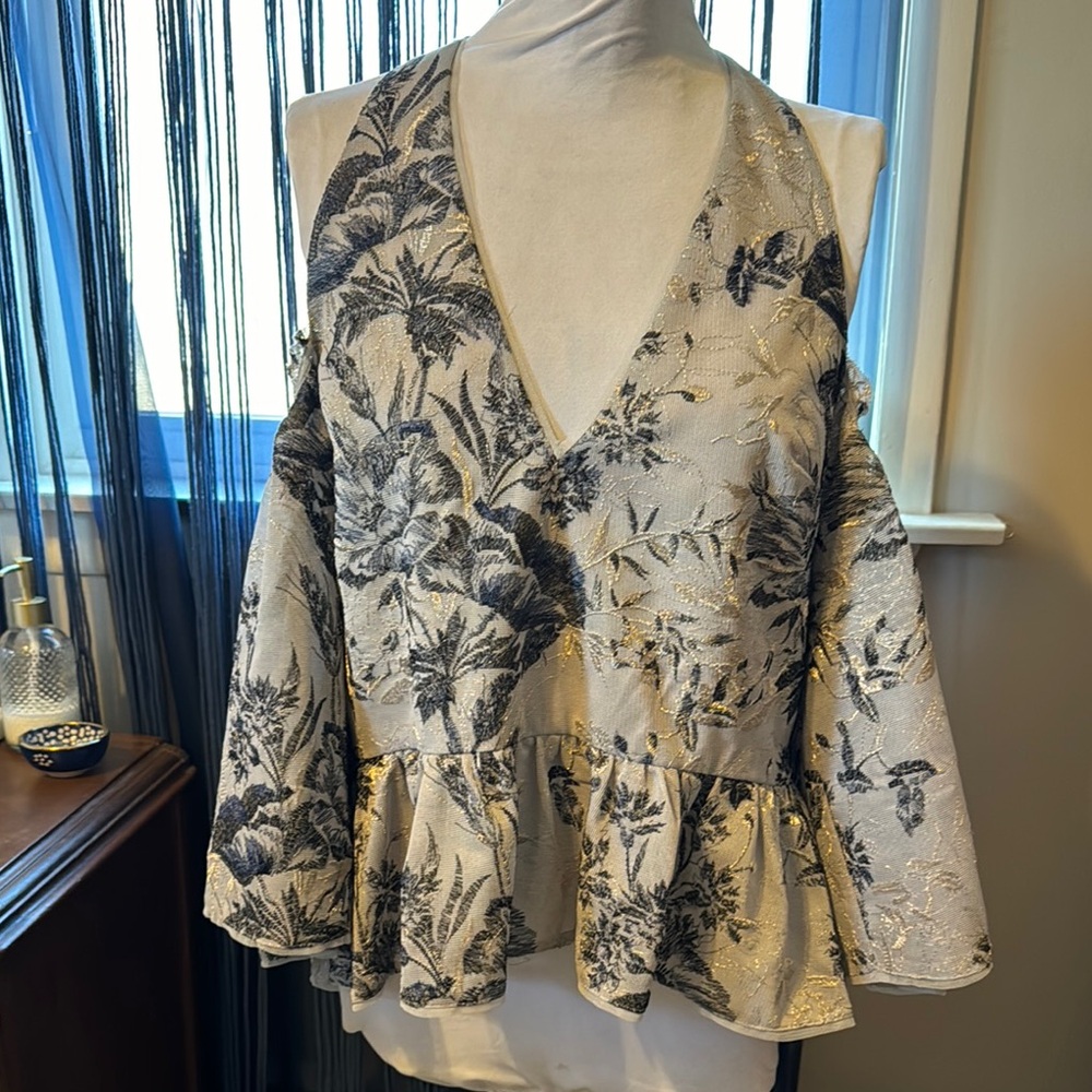 BCBGMaxAzria Floral woven V-Neck Peplum Mesh Top - multi- blue size M